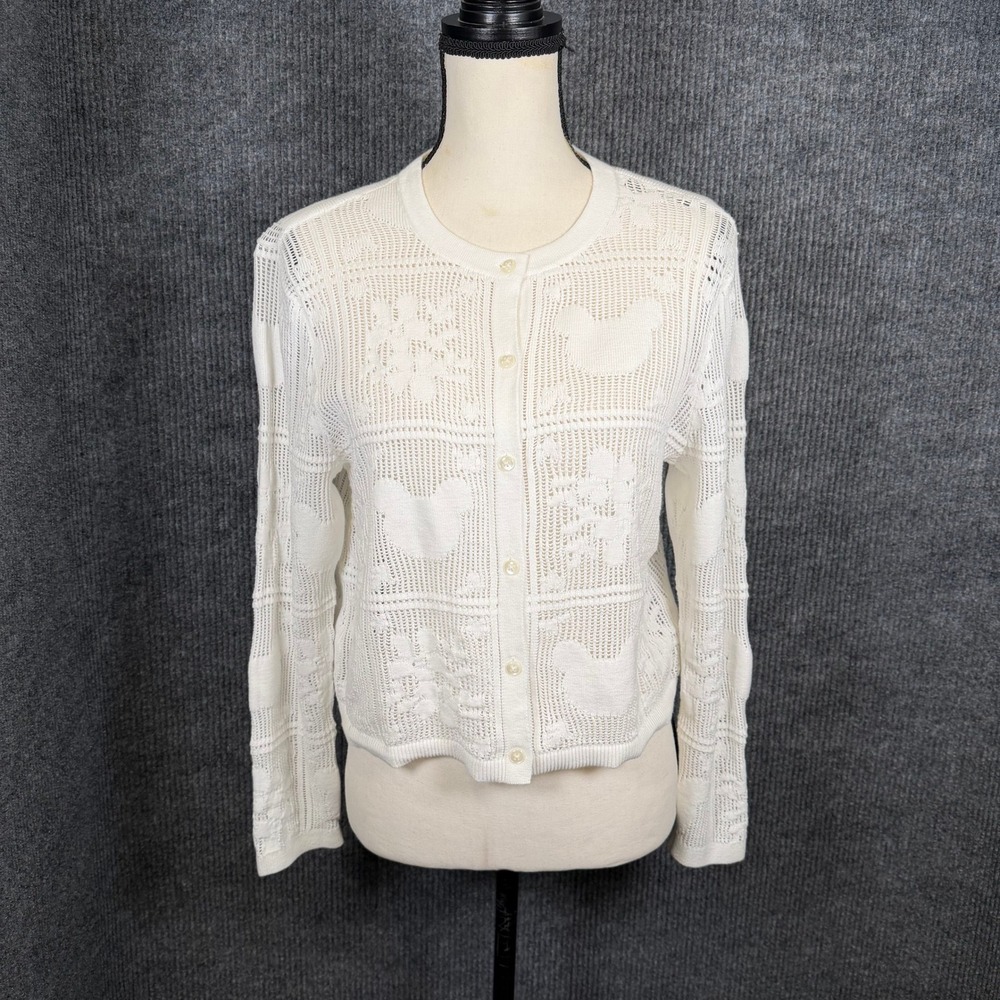 Old Navy x Disney Mickey Mouse Cardigan Sz MP White Pointelle Patchwork Knit